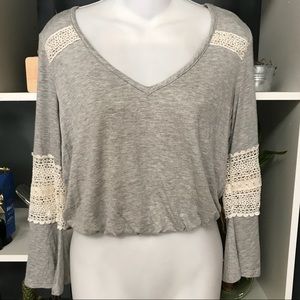 Heather Gray Bell Sleeve Lace Crop Top
